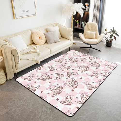 Manfei Cowgirl-Stiefel-Teppich, Western-Cowboy, rustikal, braunes Rindsleder, Sternen-Teppich für Wohnzimmer, Schlafzimmer, Prinzessin, rosa Schleifen, kariert, dekorativer Teppich für Wohnzimmer von Manfei