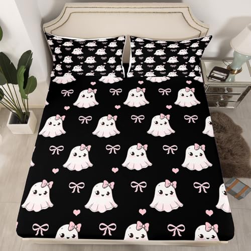 Manfei Cute Ghosts Fitted Sheet Full Size, Pink Bowknot Hearts Print Bedding Set for Kids Girls Room Decor, Halloween Ghosts Bow Tie Bed Cover with 2 Pillowcases, Soft Polyester Bedding, Black von Manfei