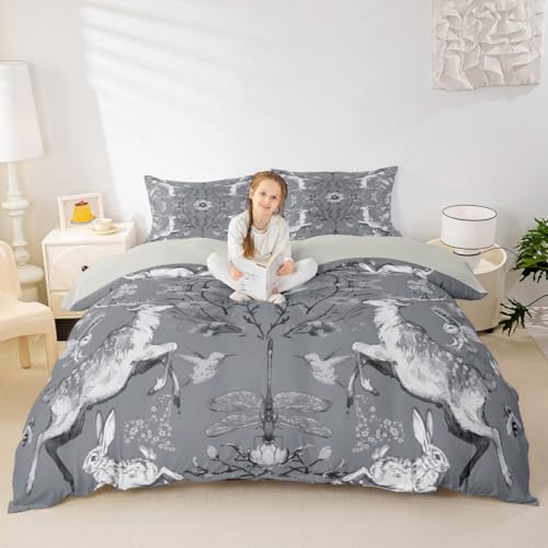 Manfei Deer rustikale Bauernhaus Kinder Bettdecke Set L Größe, Eule Kaninchen Dragonfly Insekten Bettwäsche Set, Blumen Blatt Pflanze Zimmer Dekor, Grau, 2 Kissenbezüge (kein Deck) von Manfei