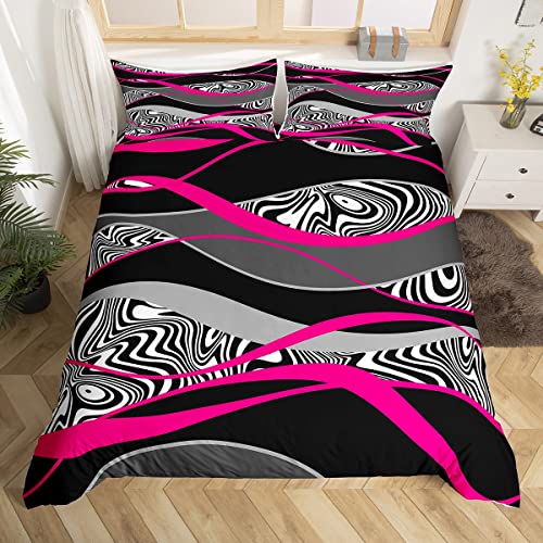 Manfei Geometrische Streifen Bettbezug Set L Größe,Abstrakte Zebra gestreifte Bettwäsche Set Rose Pink Schwarze Linien Tröster Bezug,Kinder Teens Frauen Männer,Moderne Swirl Quilt Cover,2 Kissenbezug von Manfei