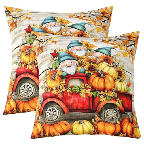 Manfei Herbst Gnomes werfen Kissen Abdeckung Roter LKW Kürbisse Sonnenblume Doppelseiten Kissenhülle Zimmer Dekor, Herbst Ernte Kissen Abdeckung für Bett Couch Sofa, 2 Packung 40x40 cm von Manfei