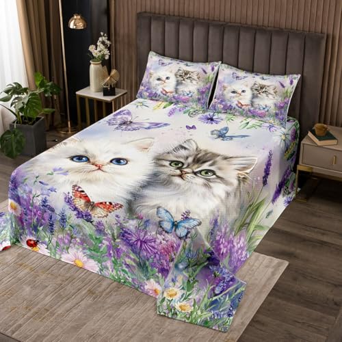 Manfei Kawaii Katze Kinder Bettdecke L Größe, Tierblume Blumen Schmetterling Coverlet Set,Zimmer Dekor, Lavendel Daisy Katze Liebhaber Quilted Coverlet, Lila Grün Bettwäsche Quilt, 2 Kissenbezüge Manfei Kawaii Katze Kinder Bettdecke L Größe, Tierblume Blumen Schmetterling Coverlet Set,Zimmer Dekor, Lavendel Daisy Katze Liebhaber Quilted Coverlet, Lila Grün Bettwäsche Quilt, 2 Kissenbezüge von Manfei
