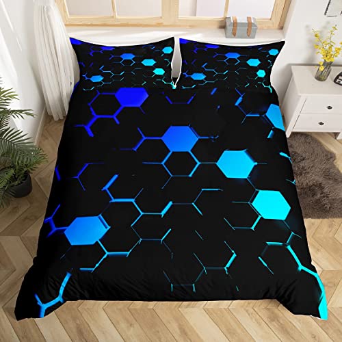 Manfei Kinder 3D Waben Bettbezug Set L Größe,Neon Hellblau Schwarz Hexagon Bettwäsche Set Jungen Videospiele Tröster Abdeckung Teens Moderne Mode Geometrie Quilt Cover,2 Kissenbezug von Manfei