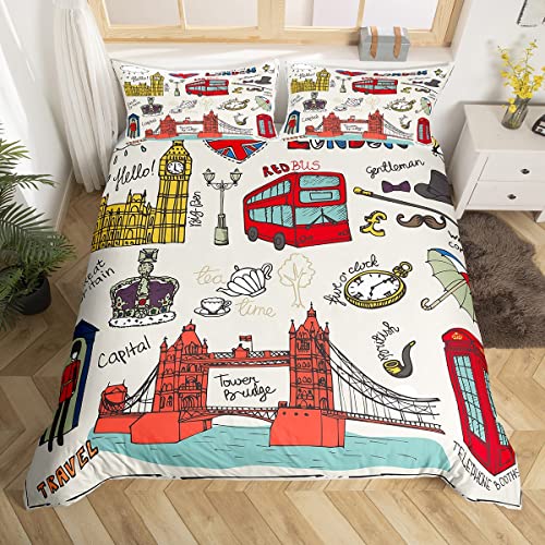 Manfei London Kinder Bettbezug Set S Größe,Telefonkabine Big Ben Red Bus Aquarell Bettwäsche Set,Mädchen Erwachsene,Berühmte städtische Architektur Tröstenbezug,Romantische Quilt Cover,1 Kissenbezug von Manfei