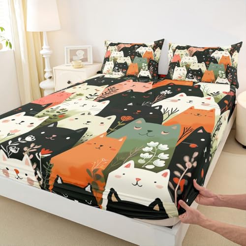 Manfei Lovely Cat Kids S Size Fitted Sheet, Blume Cartoon Tier Pflanze Bettwäsche, Floral Gradient Trendy Zimmer Dekor, schwarz weiß Orange Bettwäsche Set, 1 Kissenbezug (Keine Wohnung) von Manfei