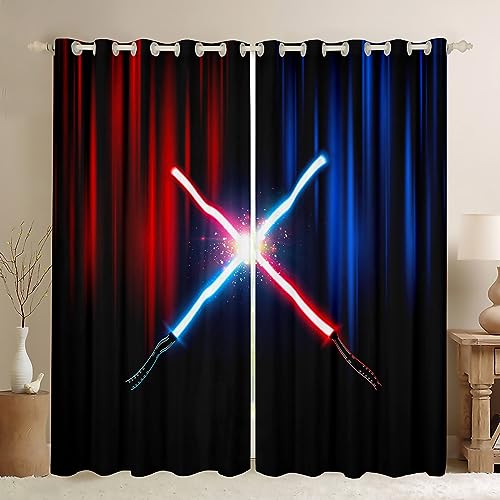 Manfei Neonlicht Lichtschwert Fenster Vorhang Geometrisch Rot Blau Abstrakte Ombre Vorhänge Kinder Jungen Zimmer Dekor Videospiele Fenster Vorhang Mode Schwarze Fenster Vorhänge,2 Platten,XL Größe von Manfei