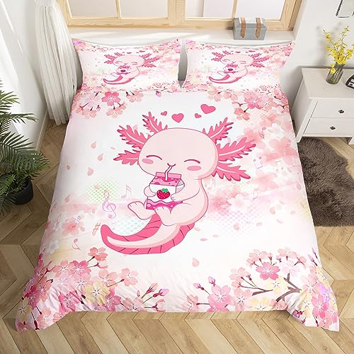 Manfei Nette Axolotl Kinder Bettbezug Set S Größe,Cartoon Salamander Tiere Bettwäsche Set,Mädchen Jungen Erwachsene,Sakura Kirschblüte Ukiyoe Trostbezug,Rosa romantische Quilt Cover,1 Kissenbezug von Manfei