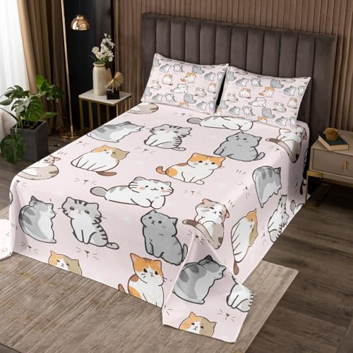 Manfei Nette Katze Bettdecke L Größe,Cartoon Katze Druck Beddng Set,Familie Haustier Tiere Thema Tröster Set Kinder Jungen Frauen Schlafzimmer Dekor,Süße Girly Rosa Duvet Insert,2 Kissenbezug von Manfei