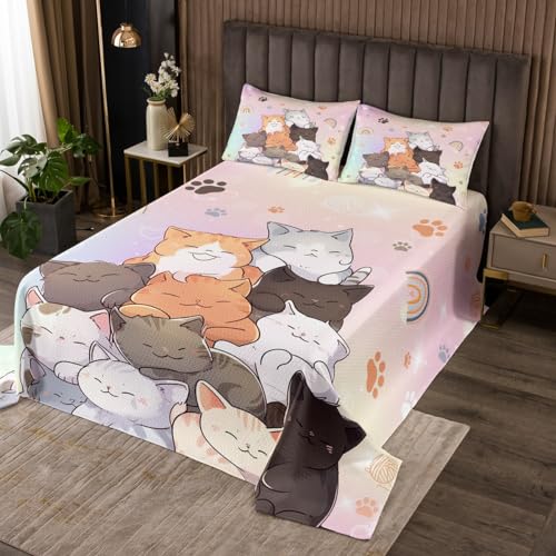 Manfei Nette Katze Tagesdecke M Größe,Bunte Katze Pfote Regenbogen Druck Tröster Set Kinder Jungen Frau Zimmer Dekor Cartoon Haustier Tiere Bettwäsche Set Aquarell Süße Quilt Coverlet,2 Kissenbezug von Manfei