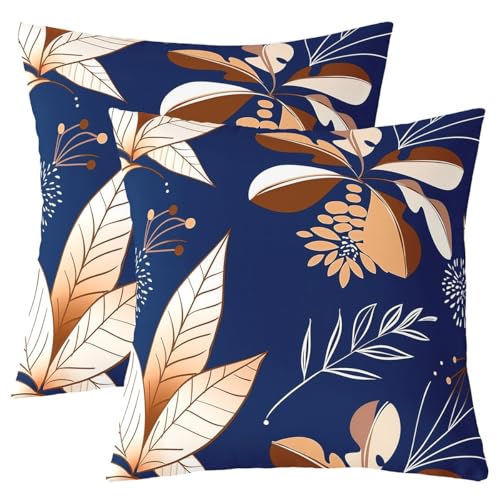 Manfei Palmblatt Boho Kinder werfen Kissen Abdeckung, Blätter Blumen Botanische Pflanze Doppelseiten Kissenhülle, Rustikale Natur Bauernhaus Heimdekor, Dunkelblau Weiß Bett Couch, 2 Packung 18 "x18 von Manfei