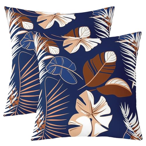 Manfei Palmblatt botanische Kinder werfen, Blätter Pflanze Natur rustikales Bauernhaus Doppelseiten Kissenhülle, Barock Boho Vintage Home Decor, dunkelblaue braune Bettcouch Couch, 2 Packung 24 "x24 von Manfei