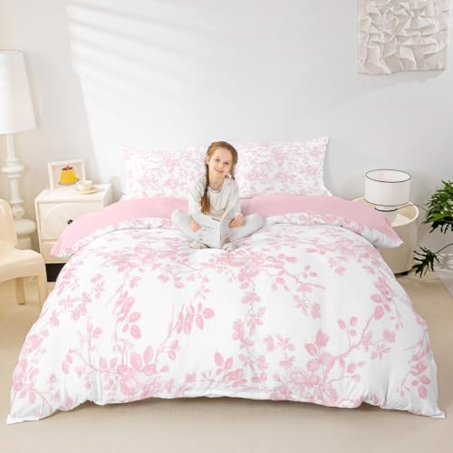 Manfei Pink Leaf Kids Bettdecke Set L Größe, Blätter botanische Pflanze natürliche Bettwäsche Set, rustikales Bauernhaus Boho Zimmer Dekor, weiß, 2 Kissenbezüge (Keine Decke) von Manfei