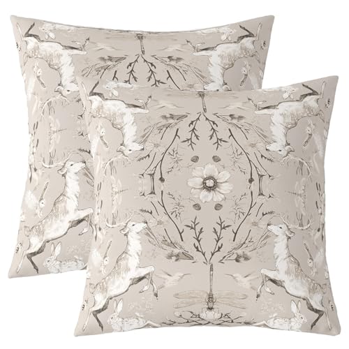 Manfei Rustikale Hirsch Eule Kinder werfen Kissen Abdeckung, Kaninchen Dragonfly Insekt Tier Doppelseiten Kissenhülle, Kolibri Blatt botanische Heimdekor, Beige graue Bett Couch, 2 Packung 20 "x20 von Manfei