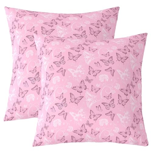 Manfei Schmetterling Kinder werfen Kissenbezug, Blume Blumen Tier Träumige Doppelseiten Kissenbezug, Mode Romantische Trendy Home Decor, rosa und weiße Bett Couch Sofa Kissenbezug, 2 Packung 60x60 cm von Manfei