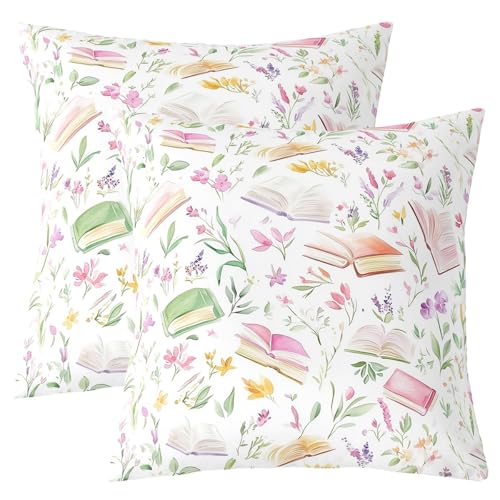Manfei Süße Blumen Blätter Kinder werfen,Buch Blumenblatt botanische Doppelseiten Kissenhülle,Rustikale Pflanze Natur Heimdekor,Grün rosa Bett Couch Sofa,2 Packung 16 "x16 von Manfei