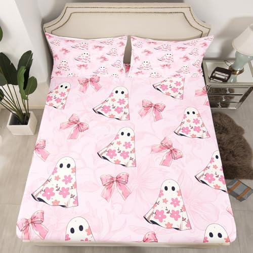 Manfei Süßes Geister-Bettwäsche-Set, 3-teilig, Halloween, rosa Schleife, Cartoon-Prinzessinnen-Stil, Mikrofaser, ohne flach, Gänseblümchen, grooviges florales Graffiti-Spannbetttuch, 2 Kissenbezüge von Manfei