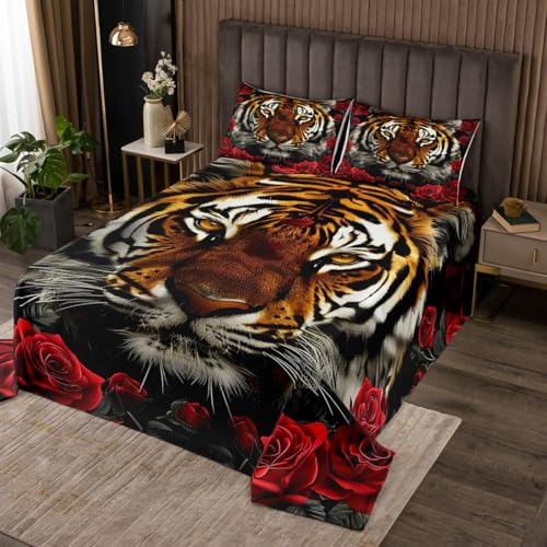Manfei Tiger-Tagesdecke, Queen-Size-Größe, rote Rose, Wildtier-Motiv, gesteppte Decke mit 2 Kissenbezügen, Kinderzimmer-Dekoration, weiches Polyester-Bettwäsche-Set Manfei Tiger-Tagesdecke, Queen-Size-Größe, rote Rose, Wildtier-Motiv, gesteppte Decke mit 2 Kissenbezügen, Kinderzimmer-Dekoration, weiches Polyester-Bettwäsche-Set von Manfei
