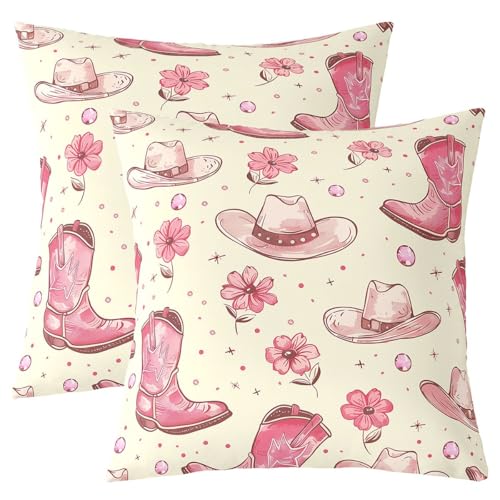Manfei Western Cowgirl Kids werfen Kissenbezug, Cowboy Hüte Stiefel Blume Doppelseite Kissenbezug, Retro rustikale Moderne Heimdekor, Beige rosa Bett Couch Sofa Kissenbezug, 2 Packung 45x45 cm von Manfei