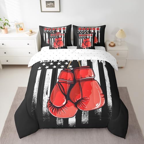 Maznfei 7-teiliges Boxdecken-Set in voller Größe, rote Boxhandschuhe, Bettwäsche-Set für Kinder, Jungen, Mädchen, Raumdekoration, amerikanische Flagge, 7-teiliges Bett in einer Tasche mit Bettdecke Maznfei 7-teiliges Boxdecken-Set in voller Größe, rote Boxhandschuhe, Bettwäsche-Set für Kinder, Jungen, Mädchen, Raumdekoration, amerikanische Flagge, 7-teiliges Bett in einer Tasche mit Bettdecke von Manfei