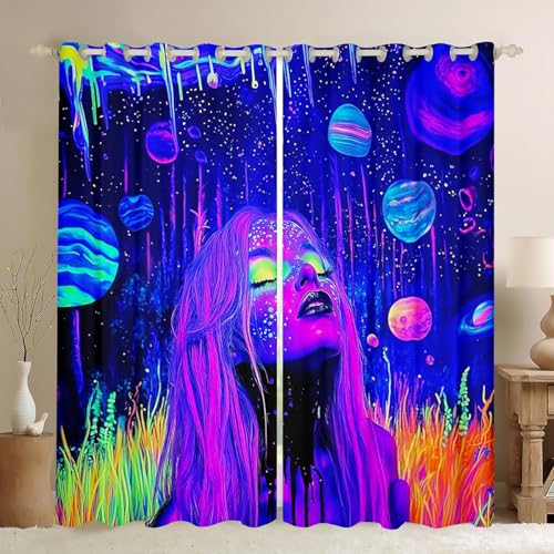 Mode Mädchen Fenster Vorhang, Trippy Mond Planet Fenster Behandlung Vorhang, Mädchen Teens Neon Bunte Blätter Vorhänge Groovy Hippie Stil Zimmer Dekor Top 2 Panels, m Größe von Manfei