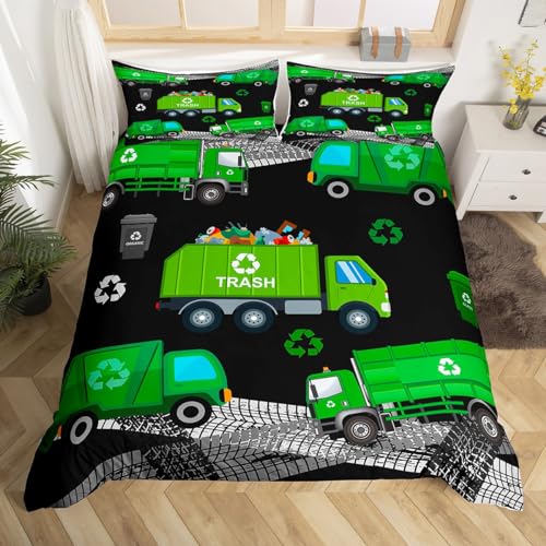 Müllwagen Bettbezug Set S Größe,Cartoon Auto Bettwäsche Set Kinder Jungen,angetriebene Abfallwirtschaft Recycling LKW Tröster Abdeckung Teens Zimmer Dekor Grün Schwarz Quilt Cover,1 Kissenbezug von Manfei