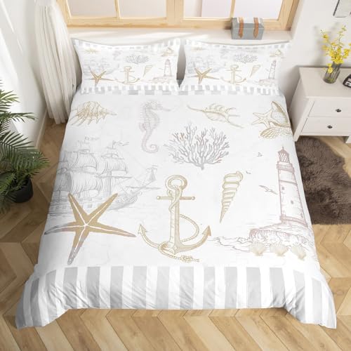 Nautische Anker Bettbezug Set L Größe,Seesternmuschel Conch Seepferdchen Sea Life Bettwäsche Set Leuchtturm Küste Tröster Abdeckung Kinder Mädchen Jungen Zimmer Dekor,Grau weiße Streifen Quilt Cover Nautische Anker Bettbezug Set L Größe,Seesternmuschel Conch Seepferdchen Sea Life Bettwäsche Set Leuchtturm Küste Tröster Abdeckung Kinder Mädchen Jungen Zimmer Dekor,Grau weiße Streifen Quilt Cover von Manfei