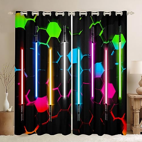 Neon Bunte Lichtschwert Fenster Vorhang,Kinder 3D Geometrische Waben Hexagon Fenster Vorhang,Jungen Mädchen Mode Spiele Vorhänge Schwarz Cool Room Decor Fenster Vorhänge,2 Panels,S Größe von Manfei