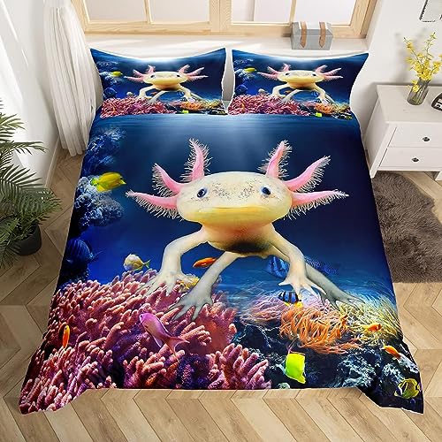 Nette Axolotl Bettbezug Set M Größe, Fisch Meeresleben Bettwäsche Set für Kinder Teens Mädchen Zimmer Dekor, Cartoon Tier Thema Tröster Abdeckung Sea Blue Quilt Cover mit 1 Kissenbezug von Manfei