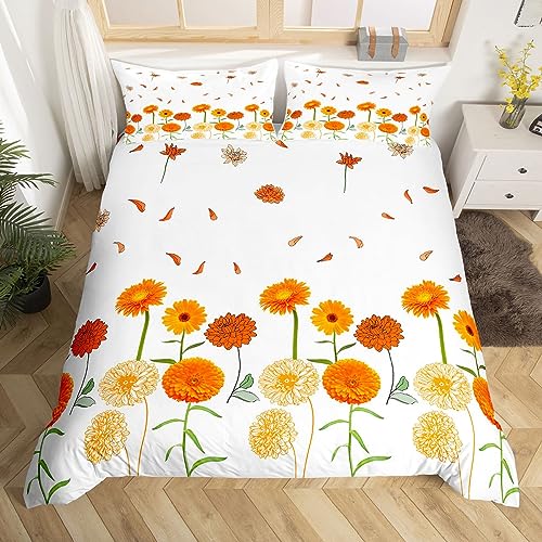 Orange gelbe Blume Bettwäsche Set S Größe Herbst Botanische Bettbezug Set Kinder Mädchen Erwachsener Raum Dekor,Chrysantheme Garten Floral Tröster Abdeckung Vintage Skizze Dahlie Quilt Cover,weiß von Manfei