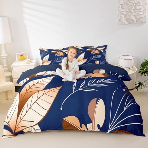 Palmblatt Boho Kids Bettdecke Set S Größe, Blätter Blumen Botanische Pflanze Bettwäsche Set, Rustikale Natur Bauernhaus Zimmer Dekor, Dunkelblaue weiße Quilt Abdeckung, 1 Kissenbezug (Keine Decke) von Manfei