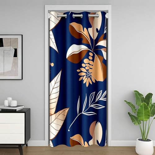 Palmblatt Boho Kinder Tür Vorhang,Blätter Blumen Botanische Pflanze Blackout Vorhang,Rustikale Natur Bauernhaus Schlafzimmer Tür Wohnzimmer Dekor,Dunkelblau Weiß Privatsphäre 1 Panel,42" W X 80" L von Manfei
