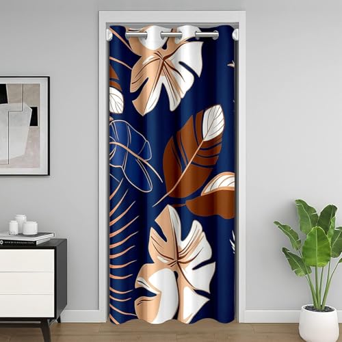Palmblatt botanische Tür Vorhang,Blätter Pflanze Natur rustikales Bauernhaus Blackout Vorhang,Barock Boho Vintage Schlafzimmer Tür Wohnzimmer Dekor,Dunkelblau Braun Privatsphäre 1 Panel,34" W X 80" L von Manfei