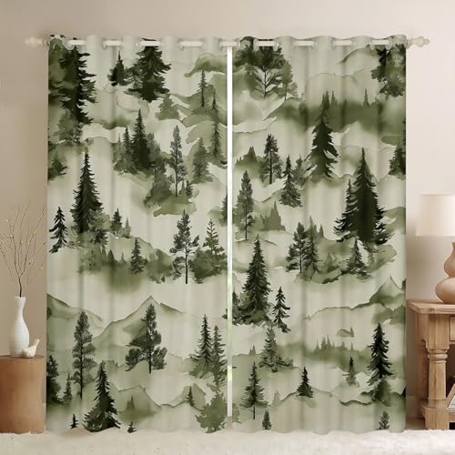 Pinienbäume rustikale Kinder Fenstervorhänge, natürliche Bergbauernhaus Kabine Jungen Mädchen Zimmer Dekor, Frohe Weihnachten Vintag Fenstervorhänge, Camo Grün 2 Panels, XXL Größe von Manfei