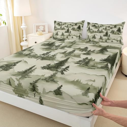 Pinienbäume rustikale Kinder L Größe eingebautes Blatt, natürliche Bergbauernhaus Kabine Bettwäsche, frohe Weihnachten Vintag Zimmer Dekor, Camo grüne Bettwäsche Set, 1 Kissenbezüge (keine Wohnung) von Manfei