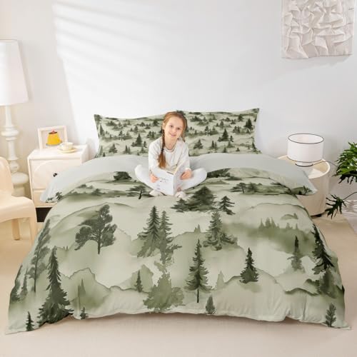 Pinienbäume rustikale Mädchen Bettwäsche Set S Größe, natürliche Berg Bauernhaus Kabine Bettdecke Set, Frohe Weihnachten Vintag Quilt Abdeckung (kein Decker), Camo Green Room Dekor, 1 Kissenbezug von Manfei