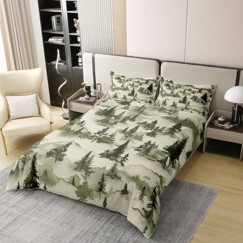 Pinienbäume rustikale Mädchen Bettwäsche Set S Größe 100% Baumwolle, natürliche Bergbauernhaus Kabine Bettdecke Set, Frohe Weihnachten Vintag Abdeckung, Camo Grün, 1 Kissenbezug (Keine Decke) von Manfei