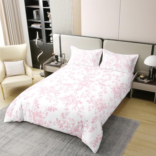 Pink Blatt Bettdecke Set M Größe 100% Baumwolle,Blätter botanische Pflanze natürliche Kinder Bettwäsche Set,Rustikale Bauernhaus Boho Zimmer Dekor,Weiße Abdeckung,1 Kissenbezüge (kein Füller) von Manfei