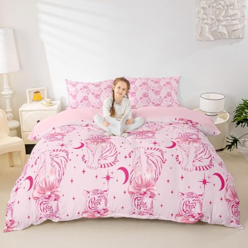 Pink Tiger Bettdecke Abdeckung M Größe, Pink Leopard Druck Bettwäsche Sets Kinder Mädchen Jungen Erwachsener Raum Dekor, Stern und Mond Decke romantische Moderne Quilt Abdeckung, 1 Kissenbezug Pink Tiger Bettdecke Abdeckung M Größe, Pink Leopard Druck Bettwäsche Sets Kinder Mädchen Jungen Erwachsener Raum Dekor, Stern und Mond Decke romantische Moderne Quilt Abdeckung, 1 Kissenbezug von Manfei