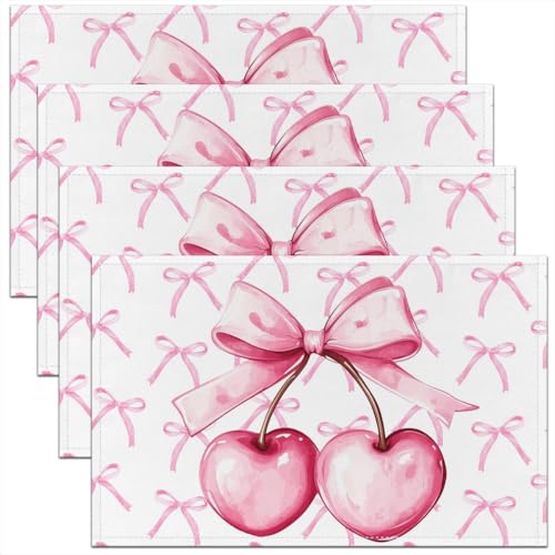 Platzsets mit Kirschschleife, 30,5 x 45,7 cm, Prinzessinnen-rosa Schleife, Kawaii-Fliege, waschbar, Platzsets für Esstischdekorationen, tropische süße Früchte, Kirschrosa, weiße Pflanze, Tischmatten Platzsets mit Kirschschleife, 30,5 x 45,7 cm, Prinzessinnen-rosa Schleife, Kawaii-Fliege, waschbar, Platzsets für Esstischdekorationen, tropische süße Früchte, Kirschrosa, weiße Pflanze, Tischmatten von Manfei