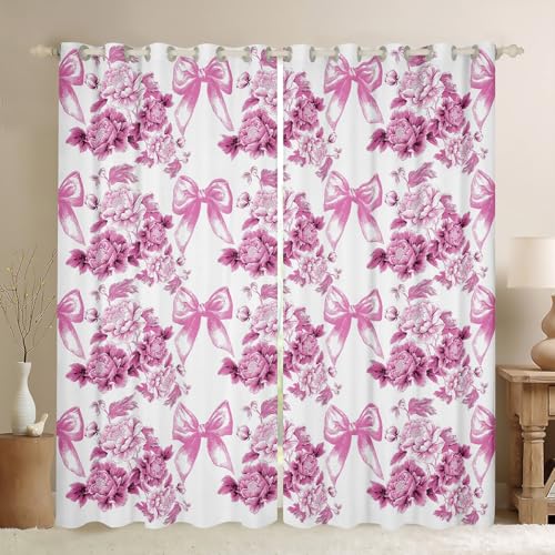 Prinzessin Bowknot Kinder Fenstervorhänge,Blumenblatt Natur Botanische Jungen Mädchen Zimmerdekoration,Krawatte Cartoon romantische Fenstervorhänge,Rosa Weiß 2 Panels,XXL Größe von Manfei