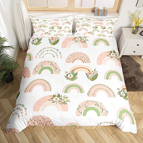 Rosa Regenbogen Kinder Bettbezug Set S Größe,Cartoon Blumen Blätter Bettwäsche Set Natur Botanische Regenbogen Thema Tröster Abdeckung Mädchen Jungen Teens Zimmer Dekor Boho Grün Weiß Quilt Cover von Manfei