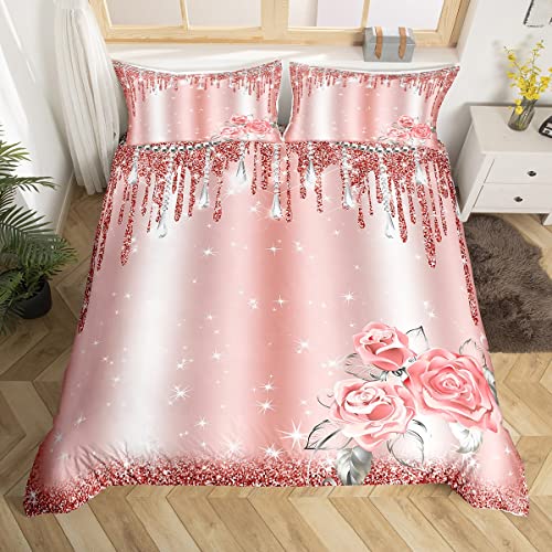 Rosa Rose Bettbezug Set L Größe Mädchen Frauen Glitter Diamant Bettwäsche Set für Teens Erwachsene Romantische Perlenschmuck Thema Tröster Abdeckung Luxus Glitter Quilt Cover,2 Kissenbezug von Manfei