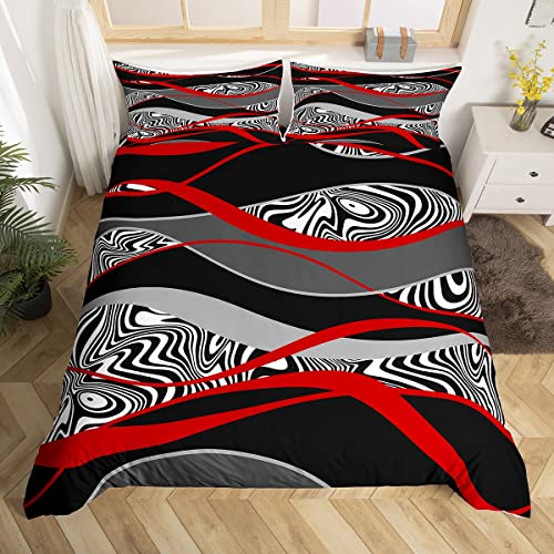 Rot Schwarz Grau Bettwäsche Set,Abstrakte Geometrie Linien Bettbezug Set S Größe,Kinder Mädchen Frauen Teens,Zebrastreifen Druck Tröster Cover Mode Moderne Quilt Cover,1 Kissenbezug von Manfei