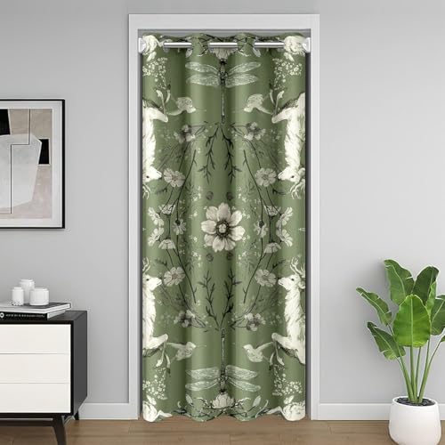 Rustikale Bauernhaus Tiere Kinder Tür Vorhang, Hirsch Eule Kaninchen Dragonfly Insekt Blackout Vorhang, Daisy Blume Blätter Schlafzimmer Tür Wohnzimmer Dekor, Baby GrünVorhang 1 Panel, 52 "W X 80" L von Manfei
