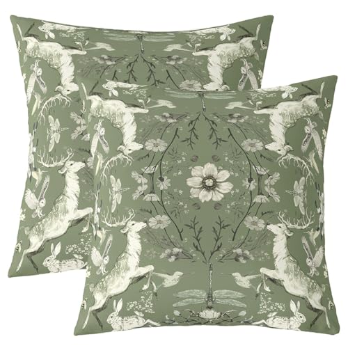 Rustikale Bauernhaus Tiere Kinder werfen Kissen Abdeckung, Hirsch Eule Kaninchen Dragonfly Insekt Doppelseiten Kissenhülle, Daisy Blume Blätter Heimdekor, Baby grün Bett Couch, 2 Packung 24 "x24" von Manfei