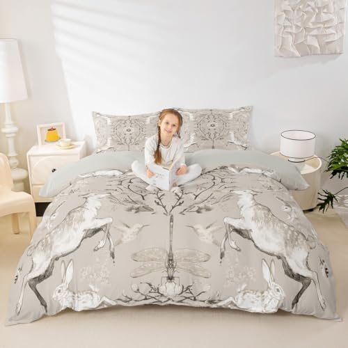 Rustikale Hirsch Eule Kids Bettdecke Set M Größe, Kaninchen Dragonfly Insekt Tier Bettwäsche Set, Kolibri Blatt Botanischer Raum Dekor, Beige Grau Quilt Abdeckung, 2 Kissenbezüge (kein Decker) von Manfei