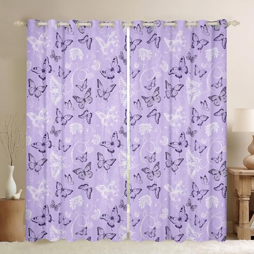 Schmetterling Blackout Vorhänge, Vintage Blume Blumen Tier Jungen Mädchen Zimmer Dekor, Retro romantische Mode Fenster Vorhänge, lila weiß 2 Panels, S Größe von Manfei