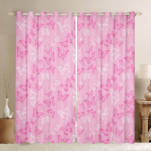 Schmetterling Fenster Vorhänge, Blumen Cartoon Tier Blume Kindergarten Schlafzimmer Spielzimmer Dekor, Trendy Traumromantische Mädchen Jungen Zimmer Dekor, Pink 2 Panels, XXL Größe von Manfei