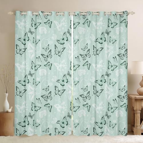 Schmetterling Fenster Vorhänge, Blumen Tier Blume Retro Kinderzimmer Spielzimmer Dekor, Trendy Träumige Romantische Mädchen Jungen Zimmer Dekor, Grün Weiß 2 Panels, XXL Größe von Manfei