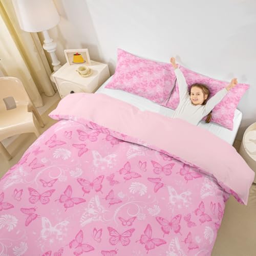 Schmetterling Kids Bettdecke Set L Größe, Blumen Cartoon Tier Blume Mädchen Jungen Bettwäsche Set, Trendy Dreamy Romantische Zimmerdekoration, Pink Quilt Abdeckung, 2 Kissenbezüge (Keine Decke) von Manfei